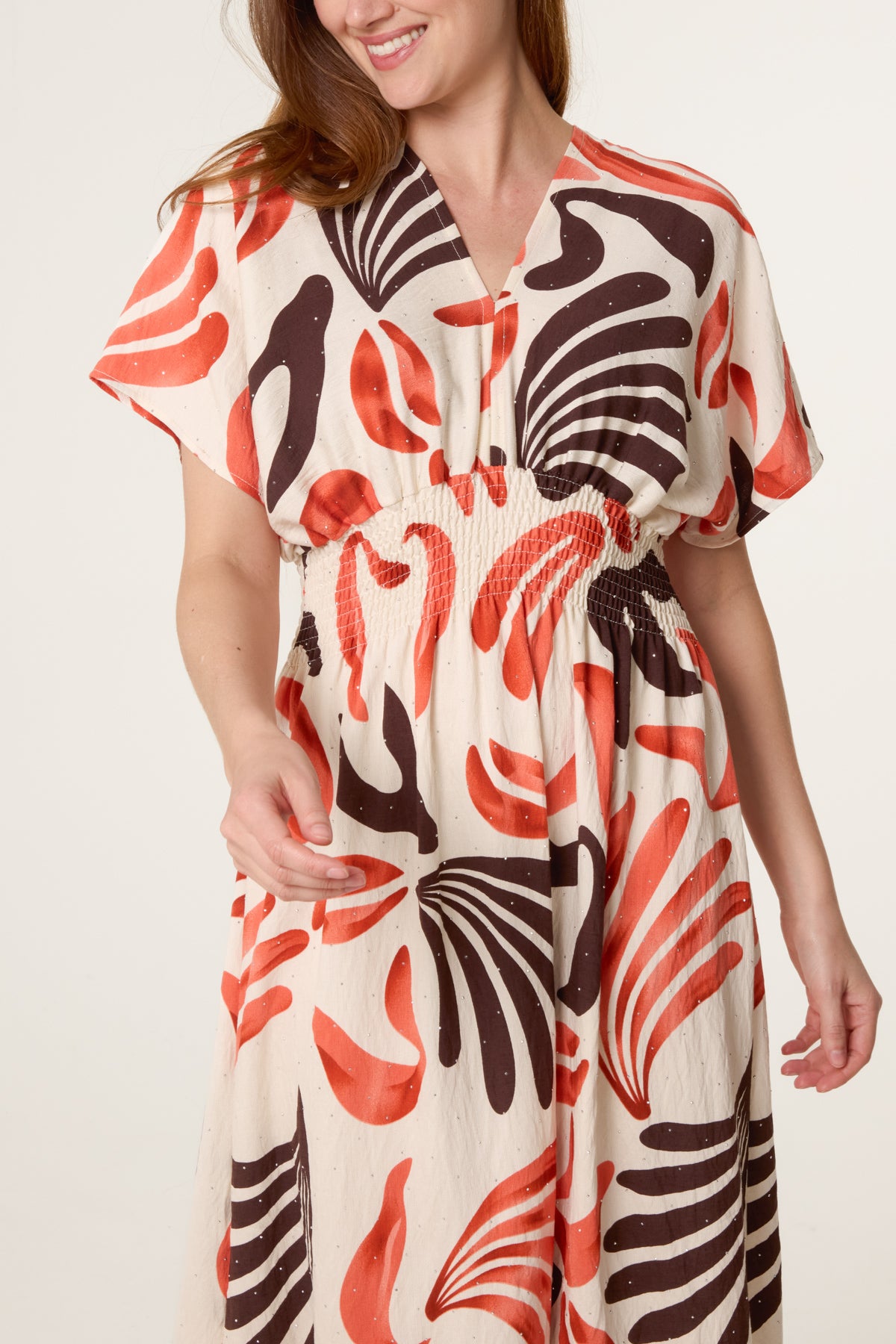 Abstract Leaf Print Embellished Dress