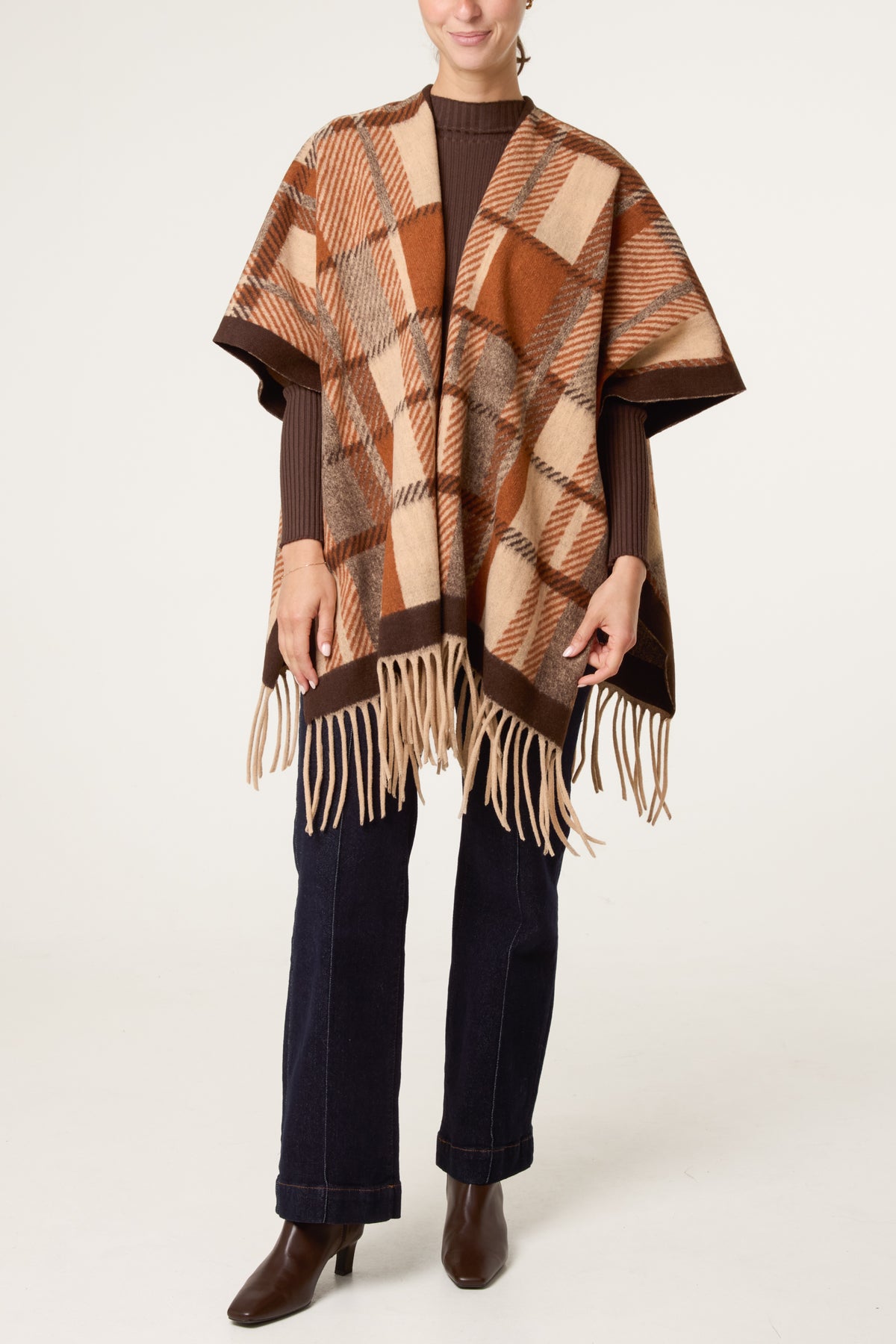 Plaid Fringe Cape Poncho