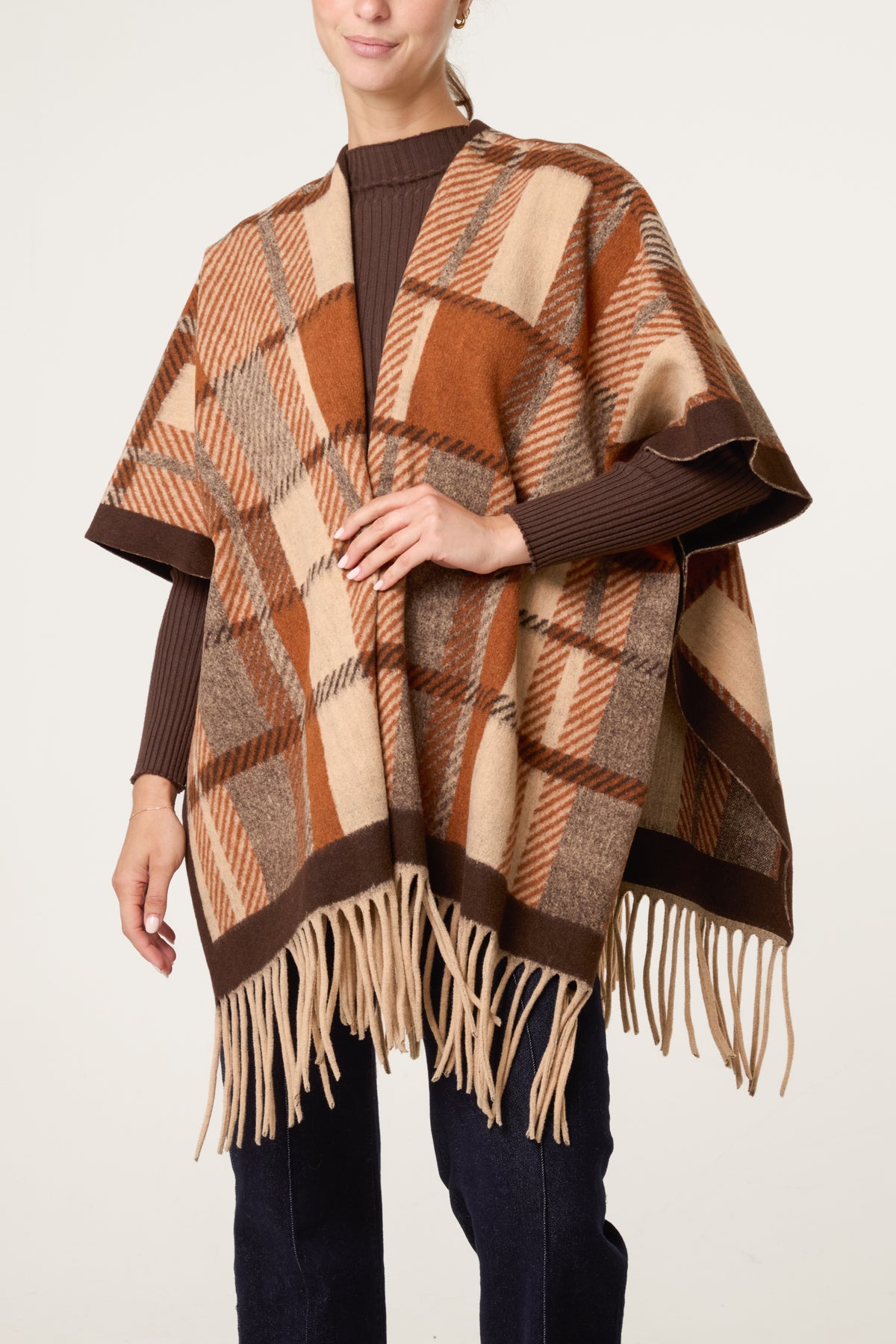 Plaid Fringe Cape Poncho