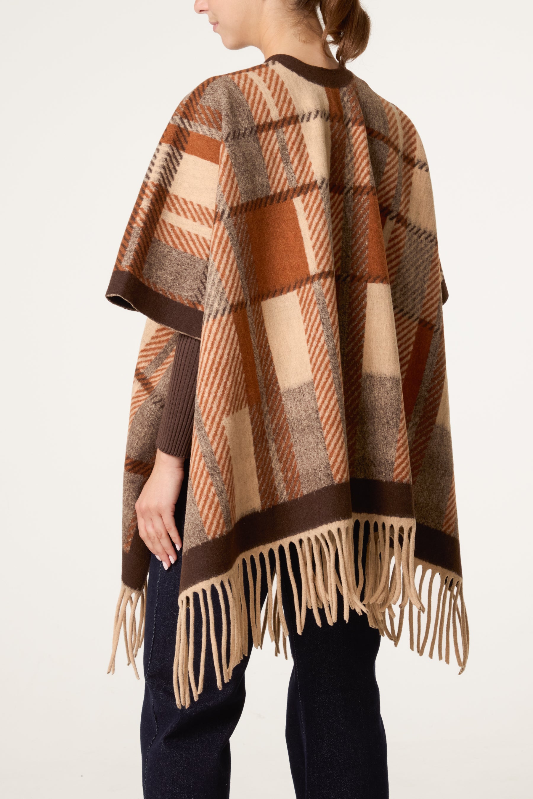 Plaid Fringe Cape Poncho