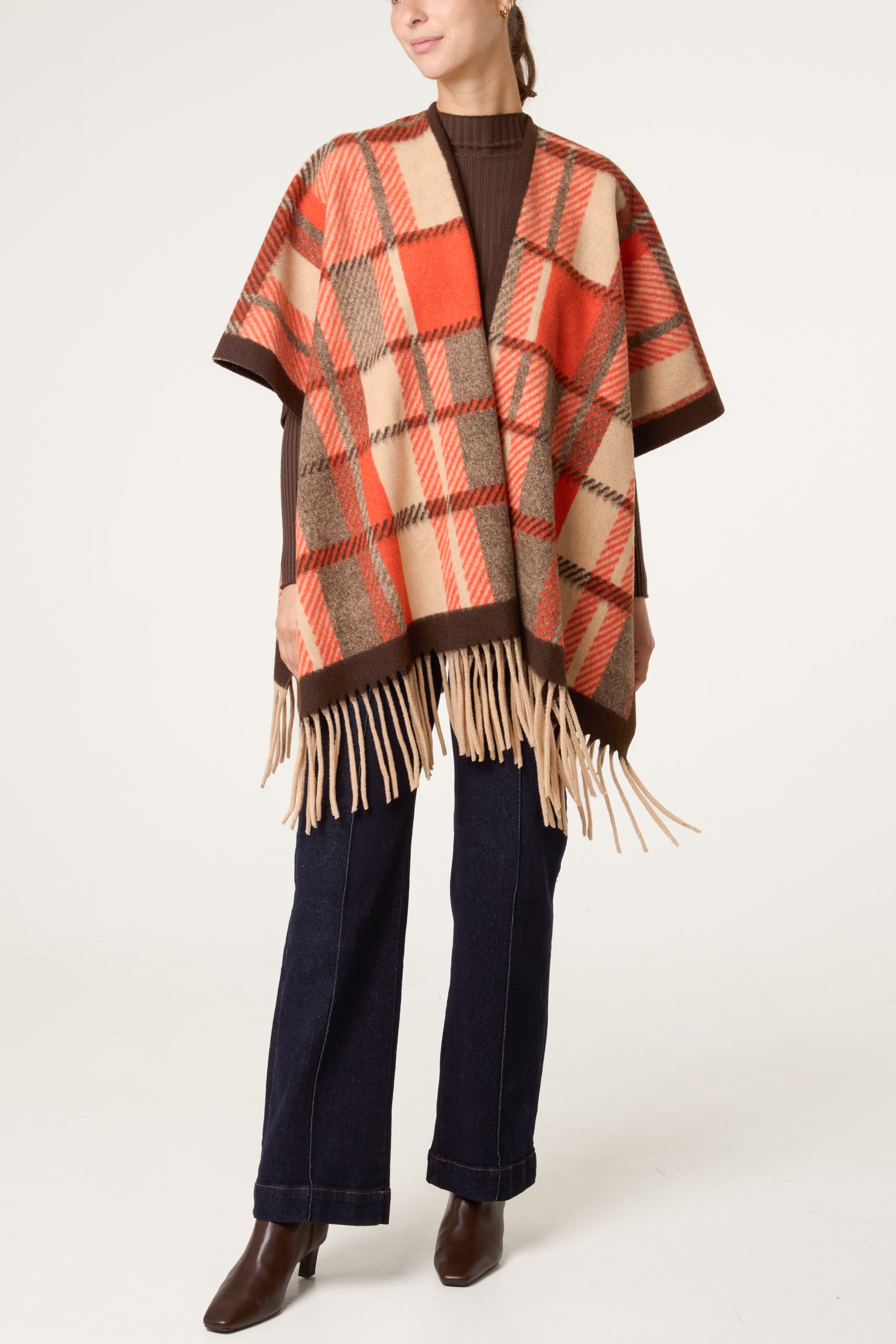 Plaid Pattern Fringed Poncho