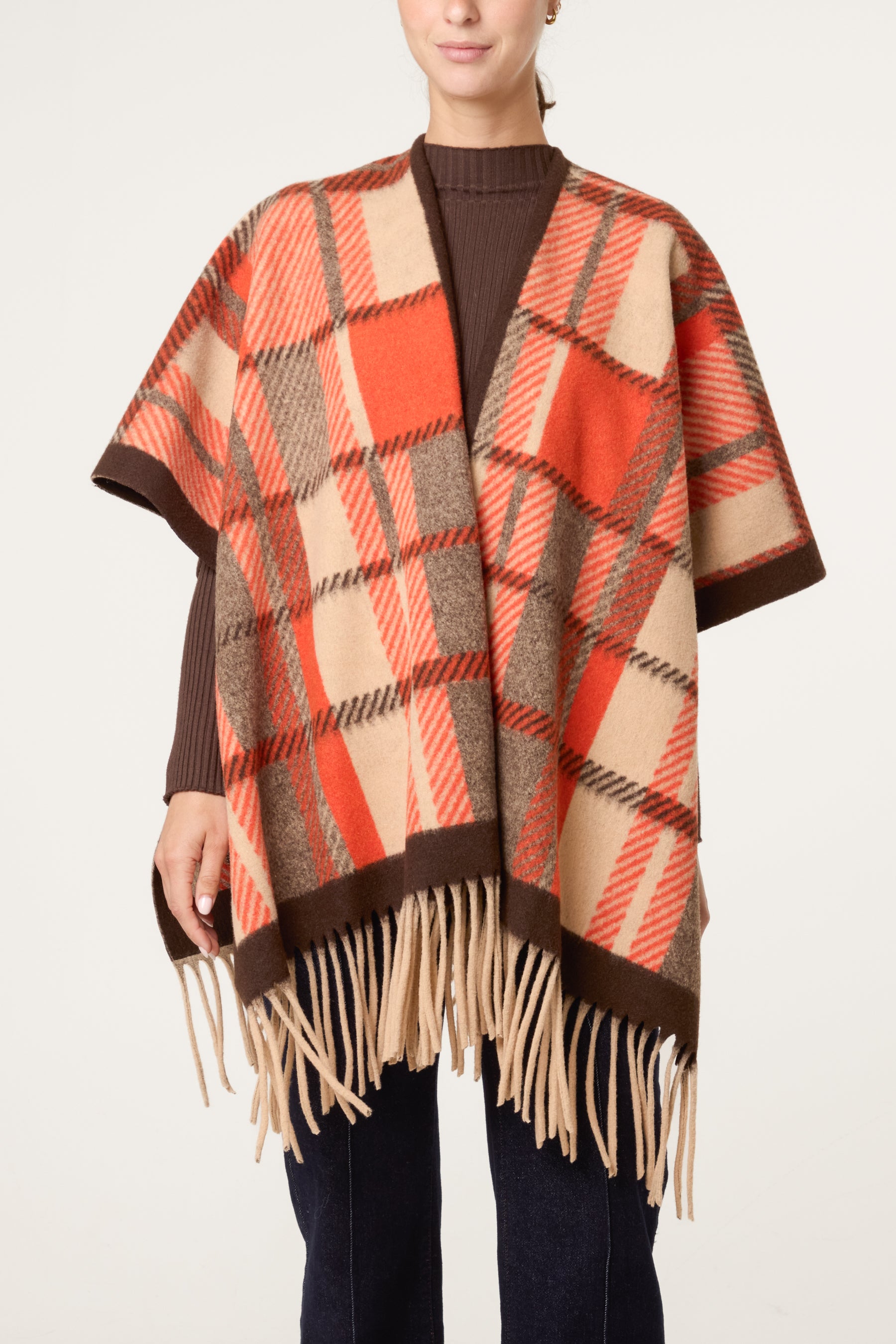 Plaid Pattern Fringed Poncho