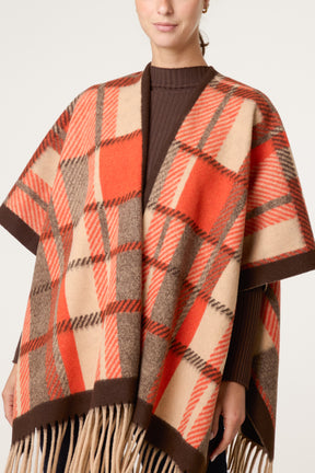 Plaid Pattern Fringed Poncho