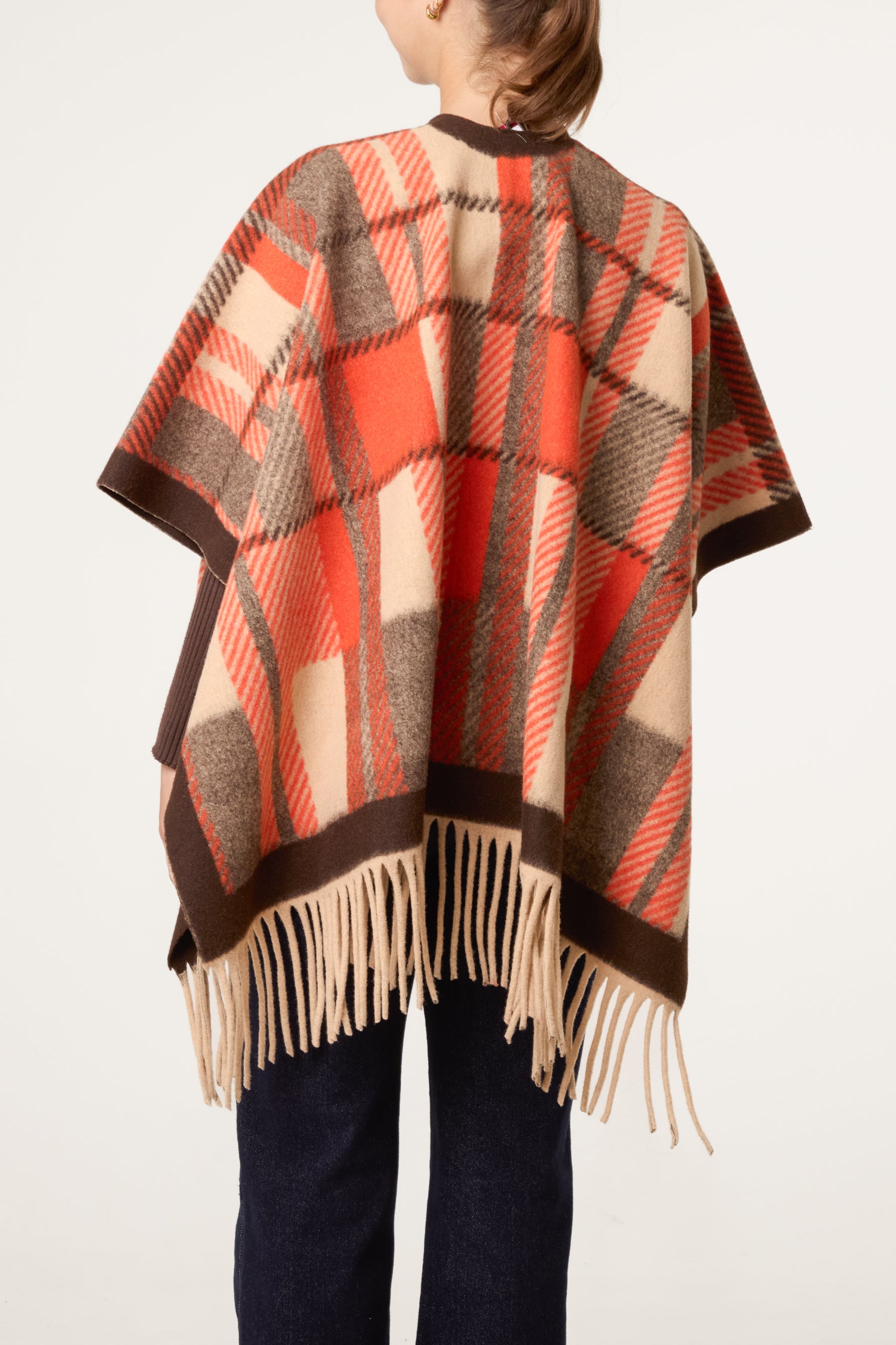 Plaid Pattern Fringed Poncho