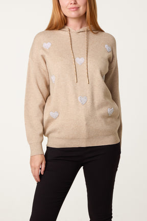 Embellished Heart Hooded Knit Jumper