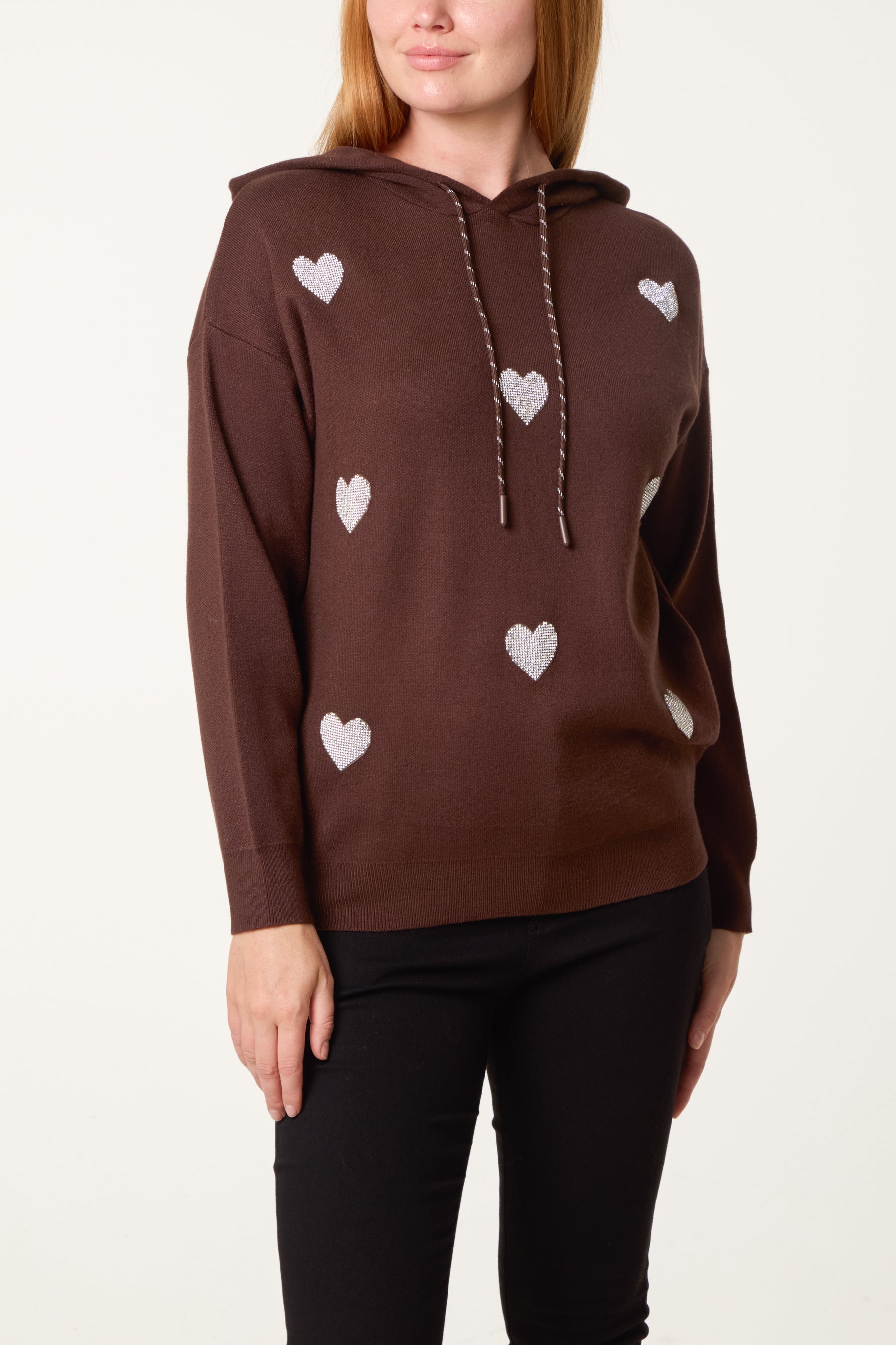 Embellished Heart Hooded Knit Jumper