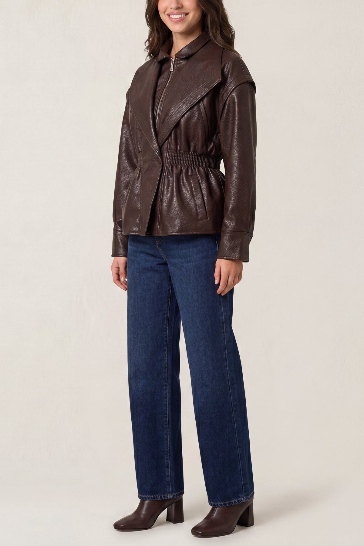 Collared Shirred Waist Jacket