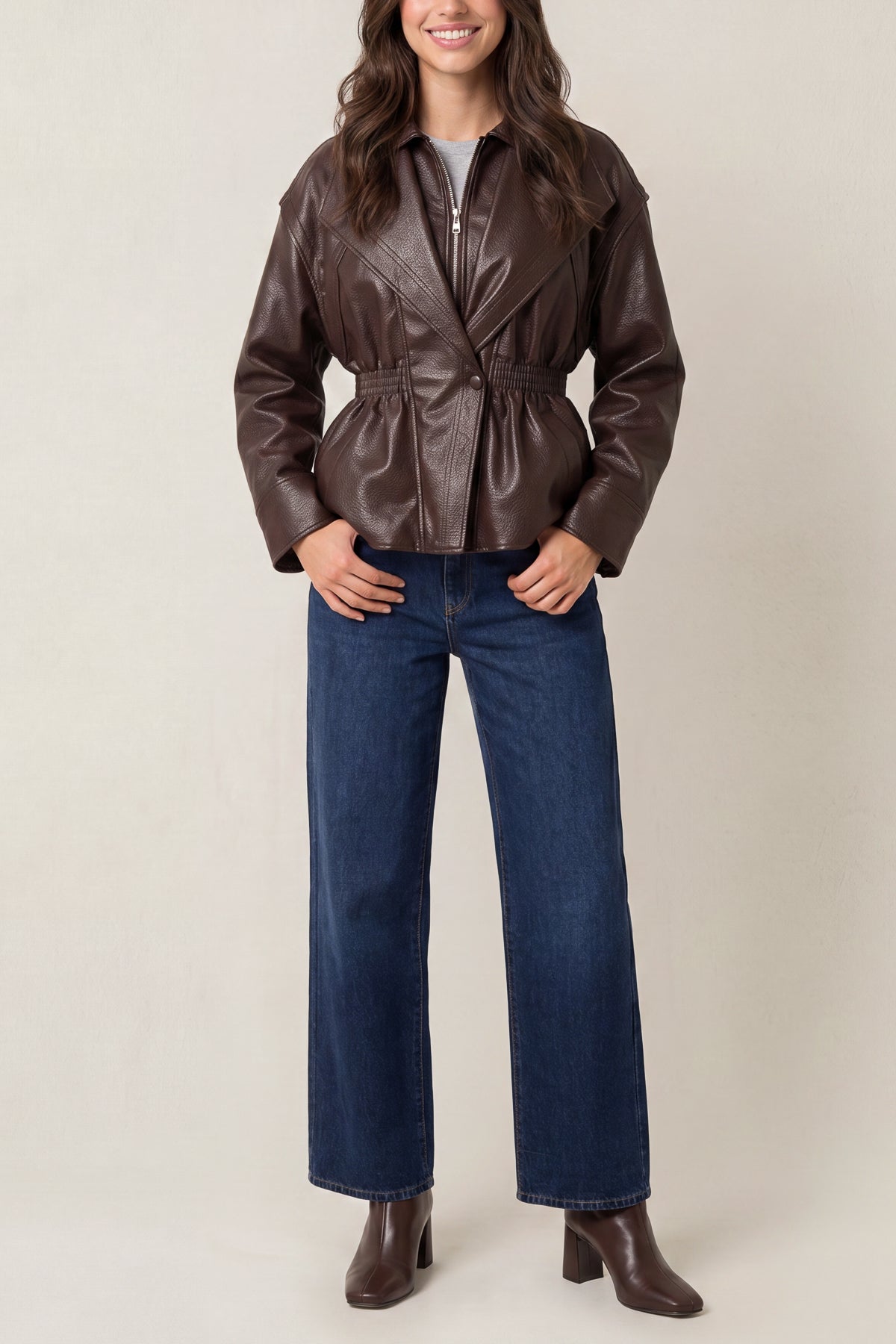 Collared Shirred Waist Jacket