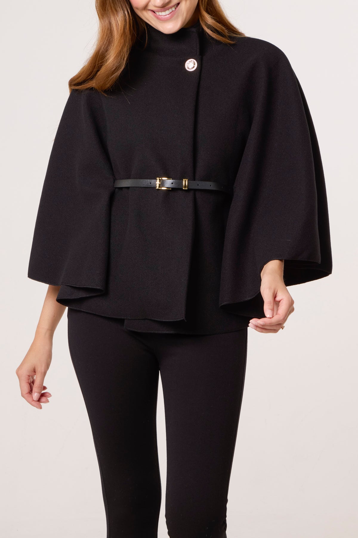 Gold Button High Neck Belted Cape
