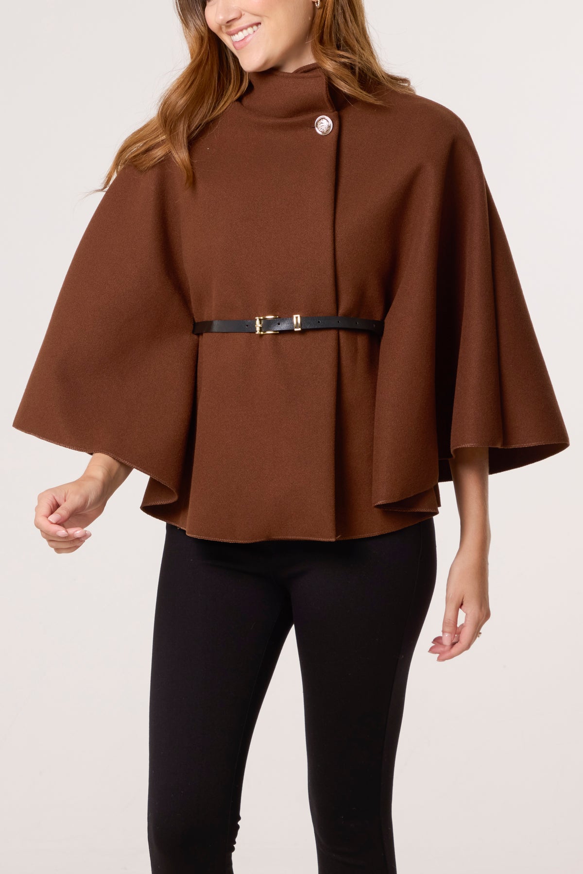 Gold Button High Neck Belted Cape