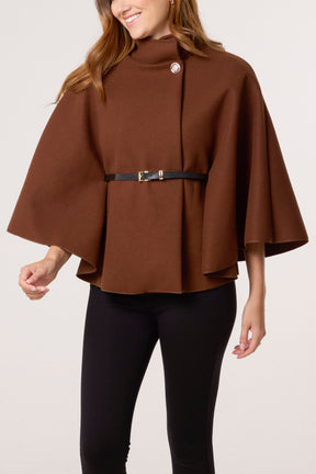 Gold Button High Neck Belted Cape
