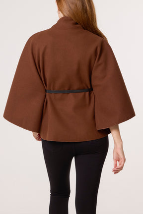 Gold Button High Neck Belted Cape