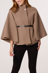 Gold Button High Neck Belted Cape
