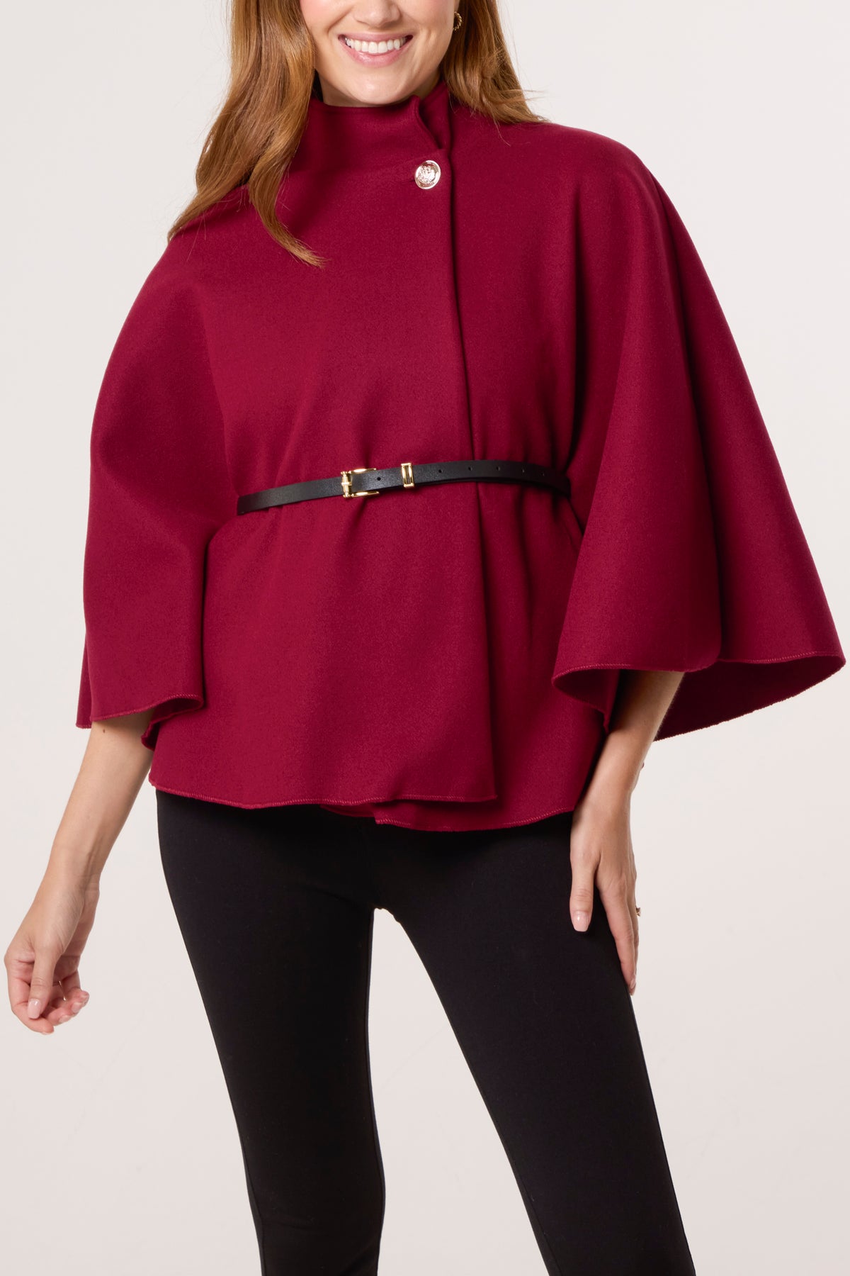 Gold Button High Neck Belted Cape