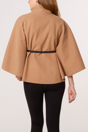 Gold Button High Neck Belted Cape