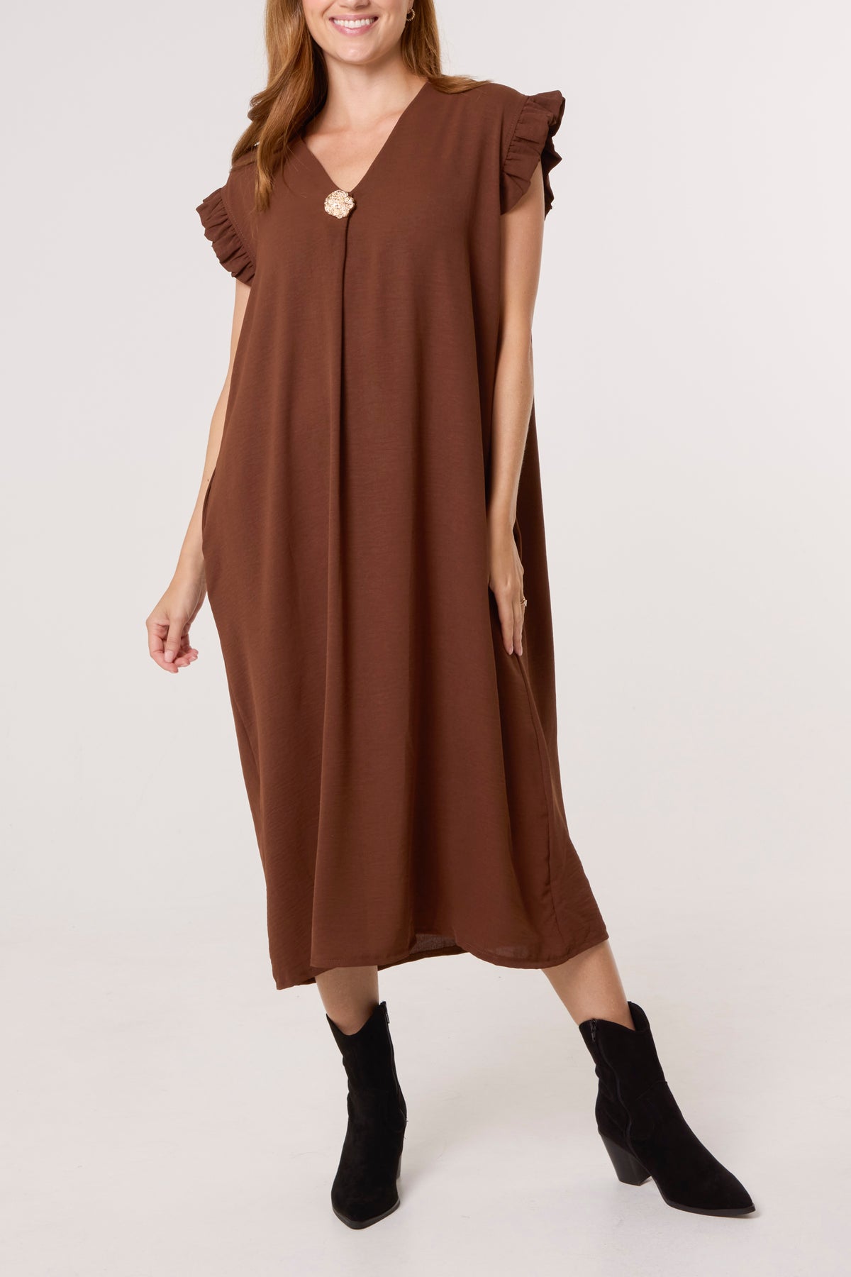 Frill Sleeve Pockets Midi Dress