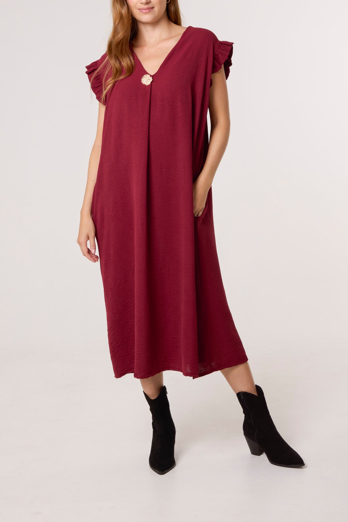 Frill Sleeve Pockets Midi Dress