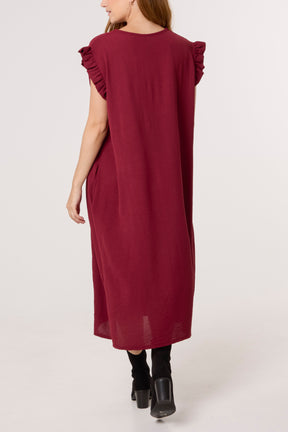 Frill Sleeve Pockets Midi Dress