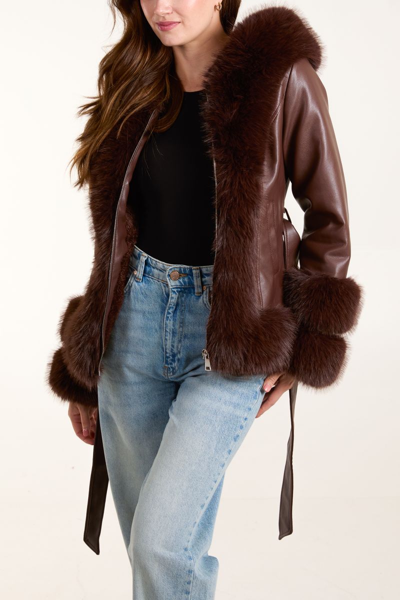 Pu & Faux Fur Zip & Belted Peplum Jacket