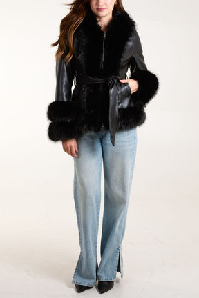 Pu & Faux Fur Zip & Belted Peplum Jacket