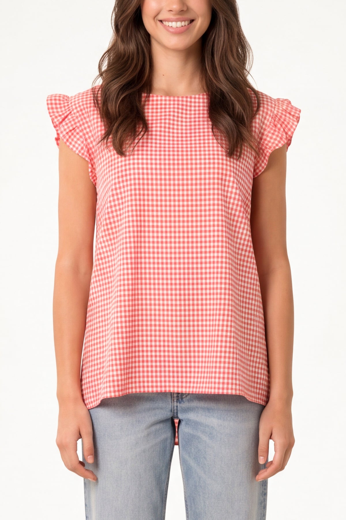Gingham Frill Sleeve Back Button Top