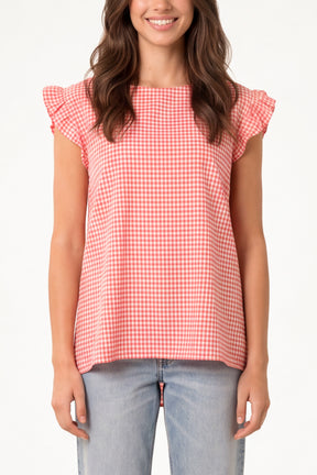 Gingham Frill Sleeve Back Button Top