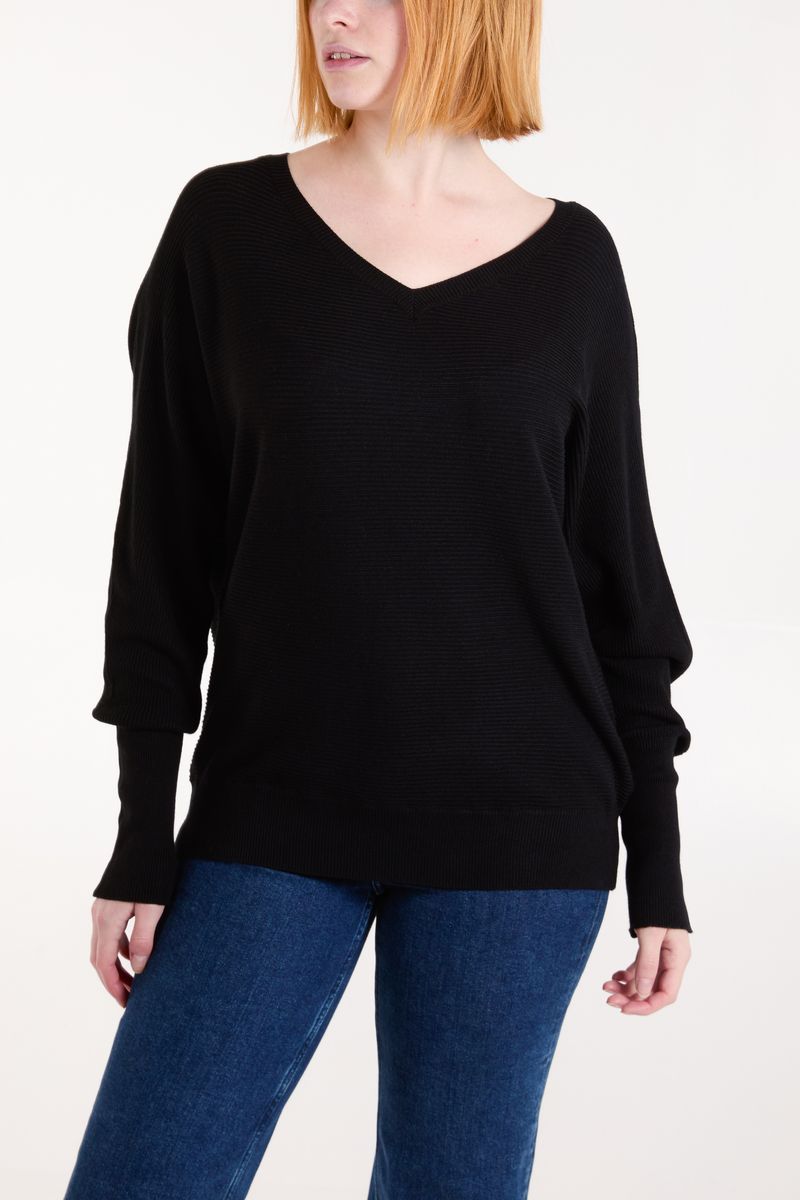 Black Ribbed Knit V-Neck Jumper