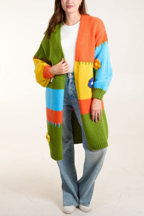 Colour Block 3D Flower & Stitch Longline Cardigan