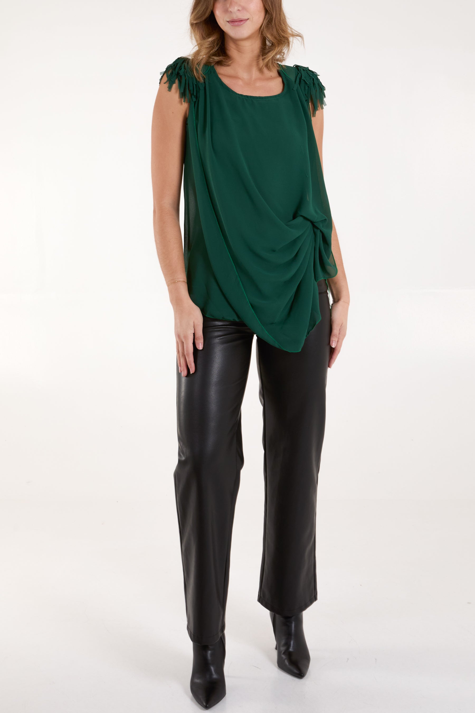 Fringe Padded Shoulder Draped Top