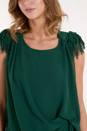 Fringe Padded Shoulder Draped Top