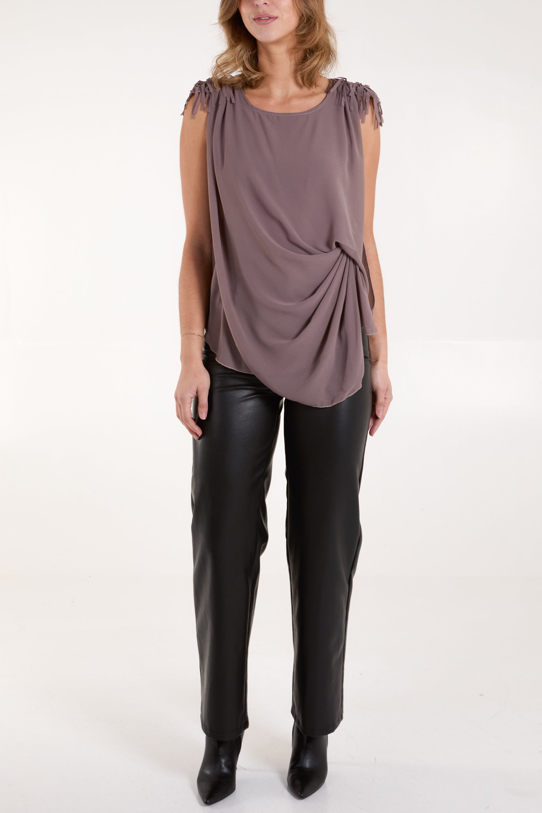 Fringe Padded Shoulder Draped Top