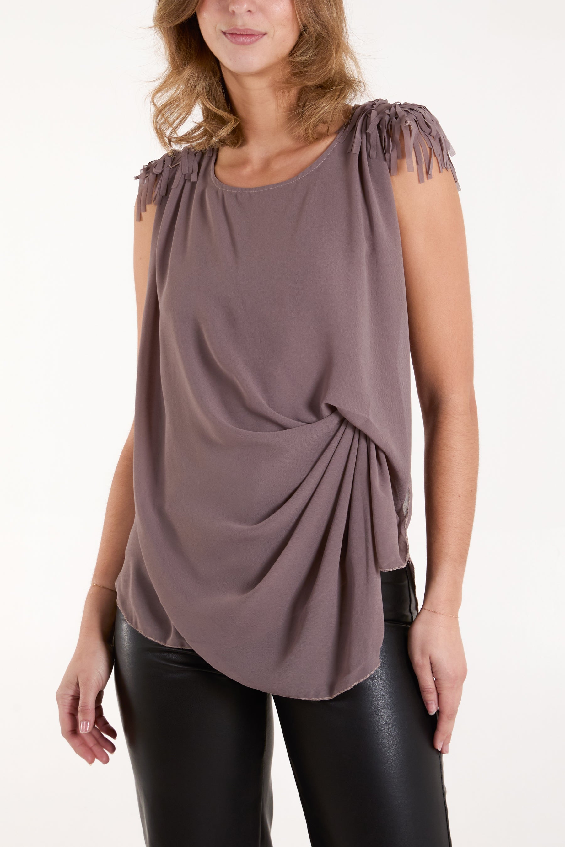 Fringe Padded Shoulder Draped Top