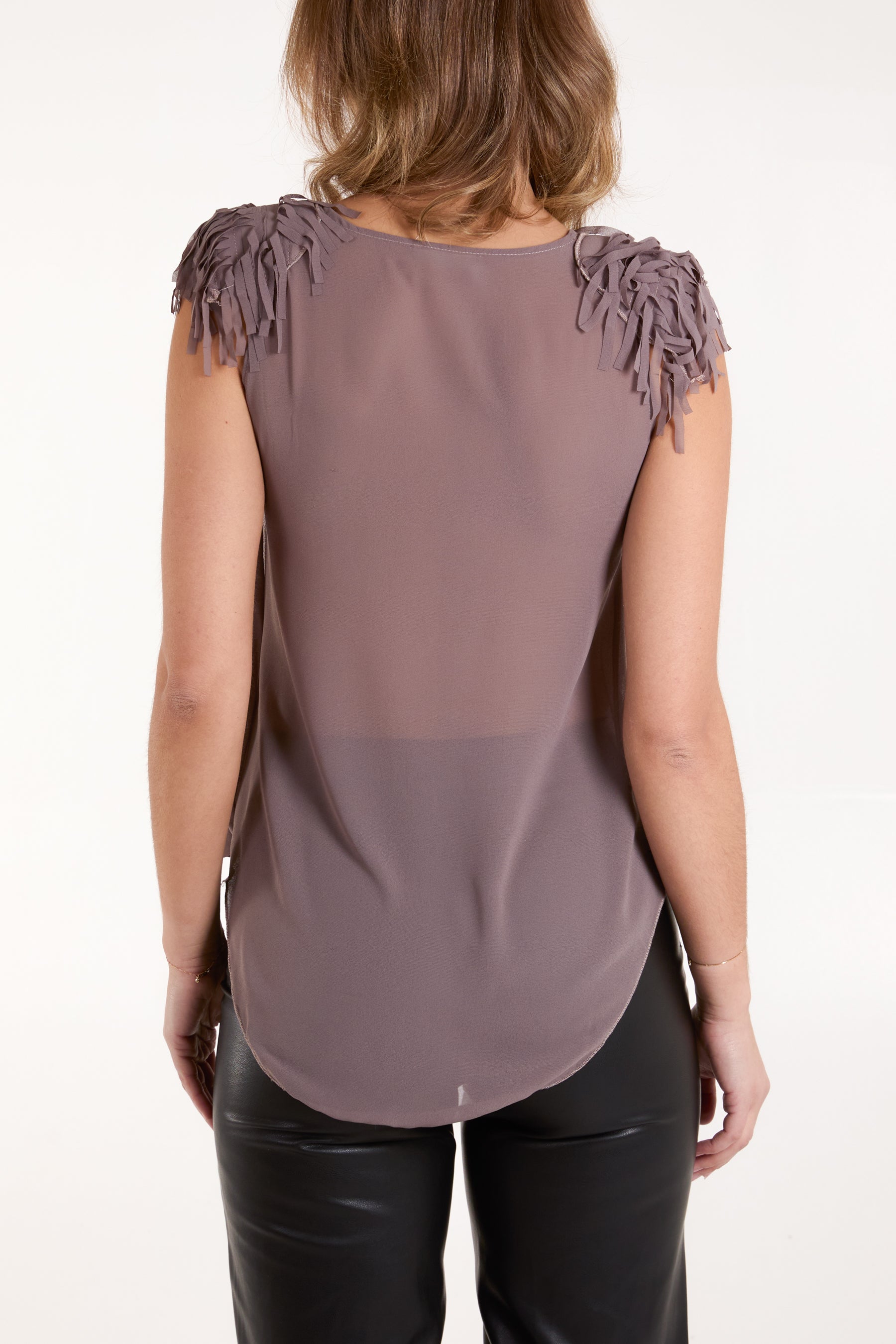 Fringe Padded Shoulder Draped Top