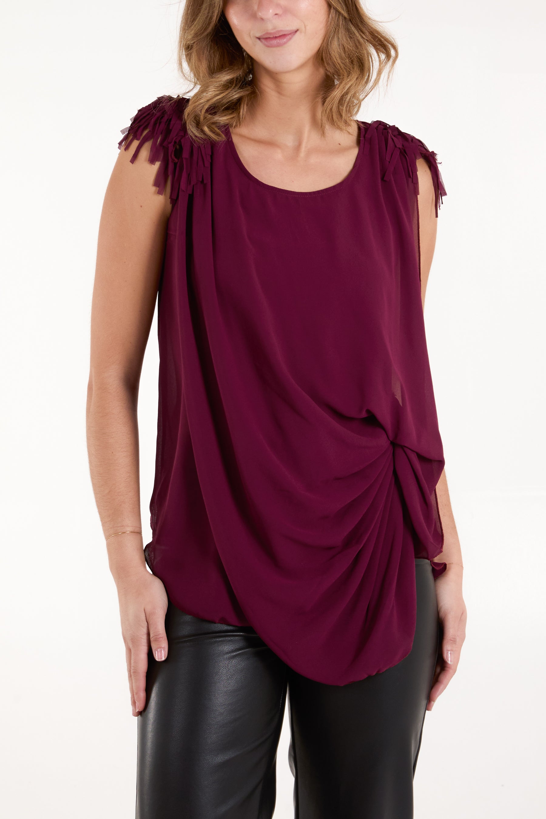 Fringe Padded Shoulder Draped Top