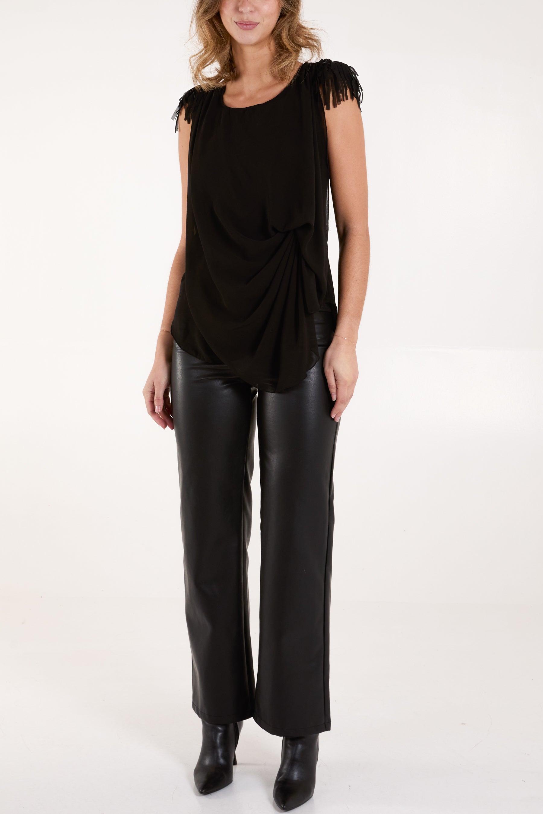 Fringe Padded Shoulder Draped Top