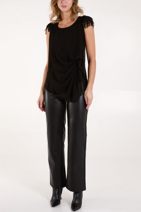 Fringe Padded Shoulder Draped Top