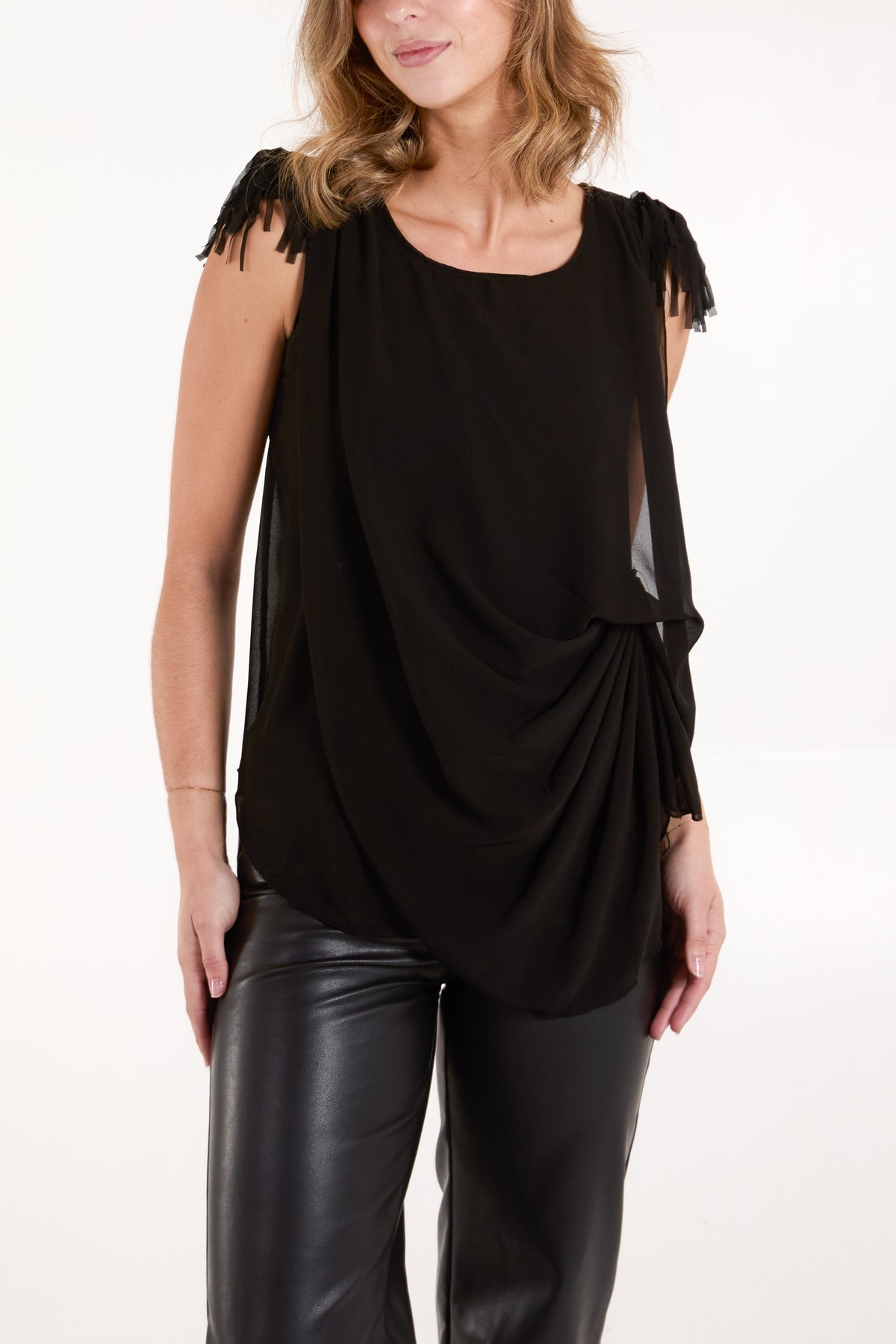 Fringe Padded Shoulder Draped Top