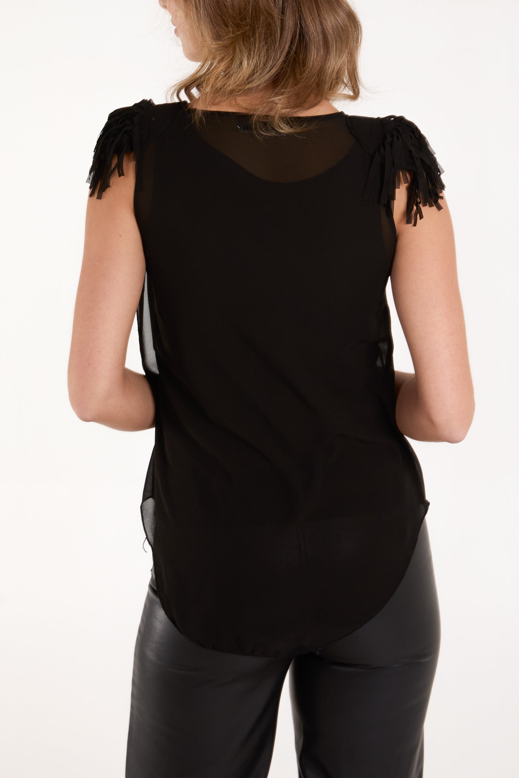 Fringe Padded Shoulder Draped Top