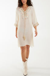 Crochet Tassel Lightweight Cotton Tunic Dress