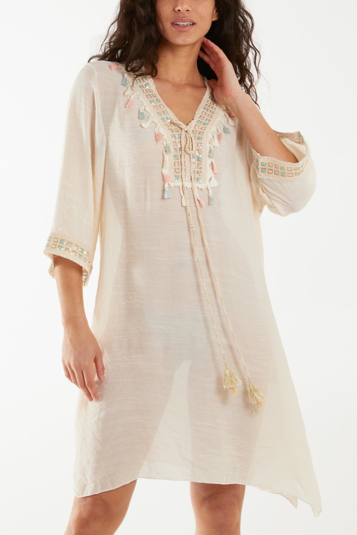 Crochet Tassel Lightweight Cotton Tunic Dress