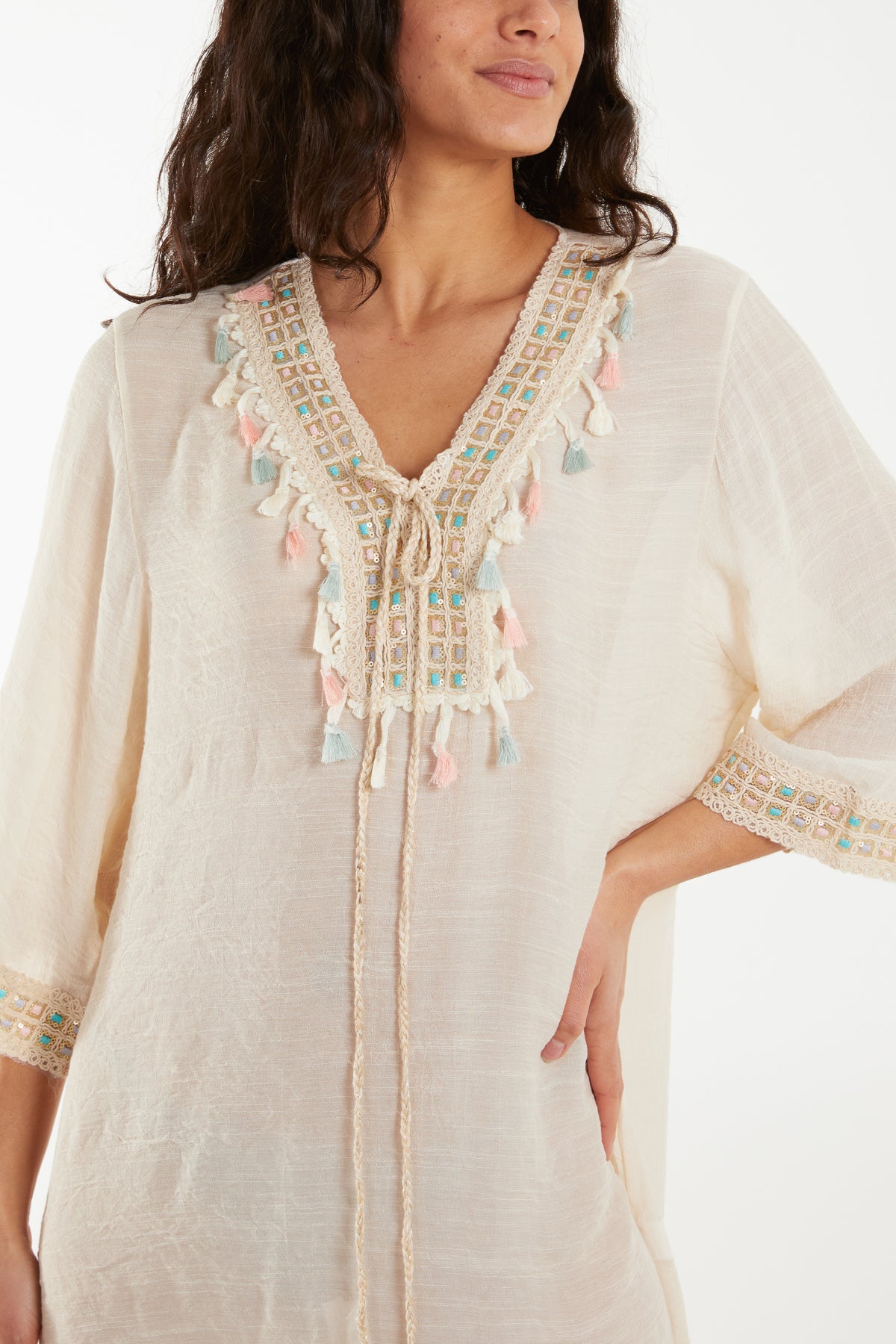 Crochet Tassel Lightweight Cotton Tunic Dress