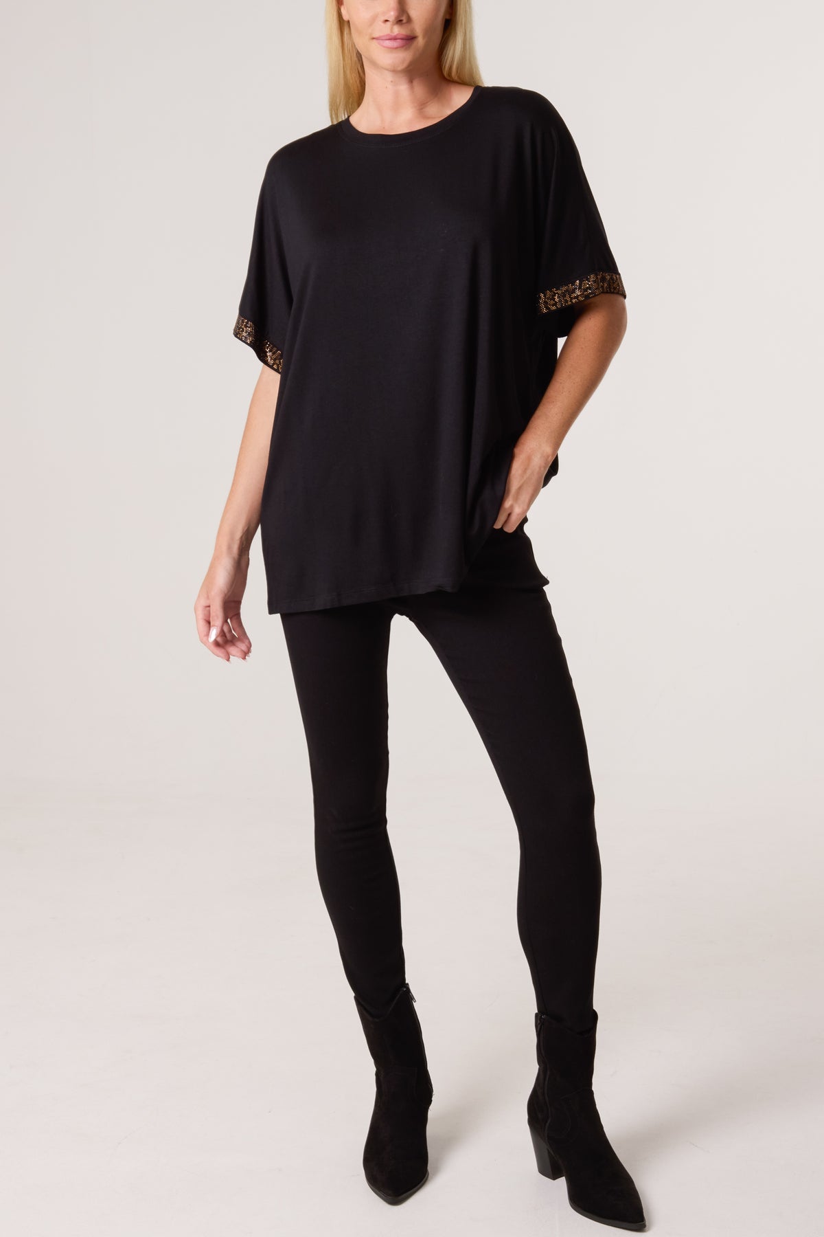 Diamante Leopard Sleeve T-Shirt