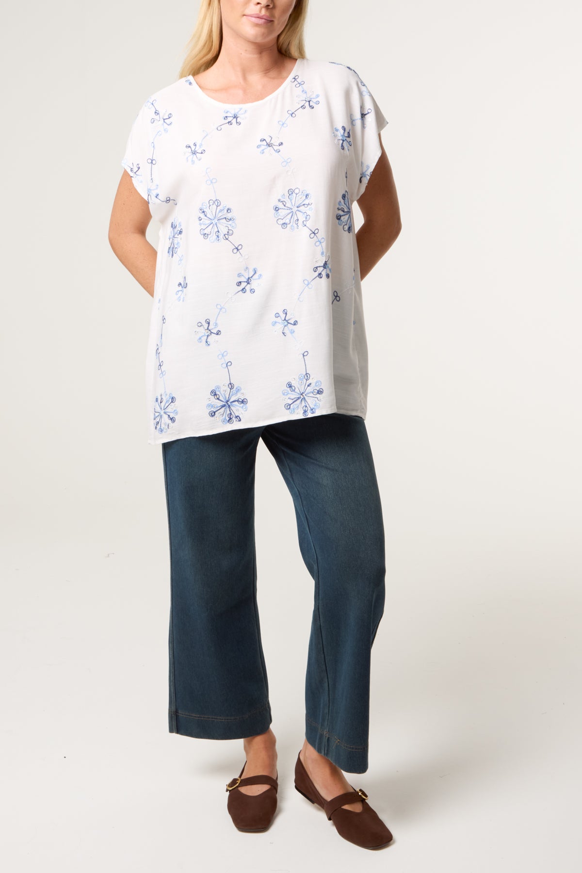 Floral Embroidery Round Neck Top