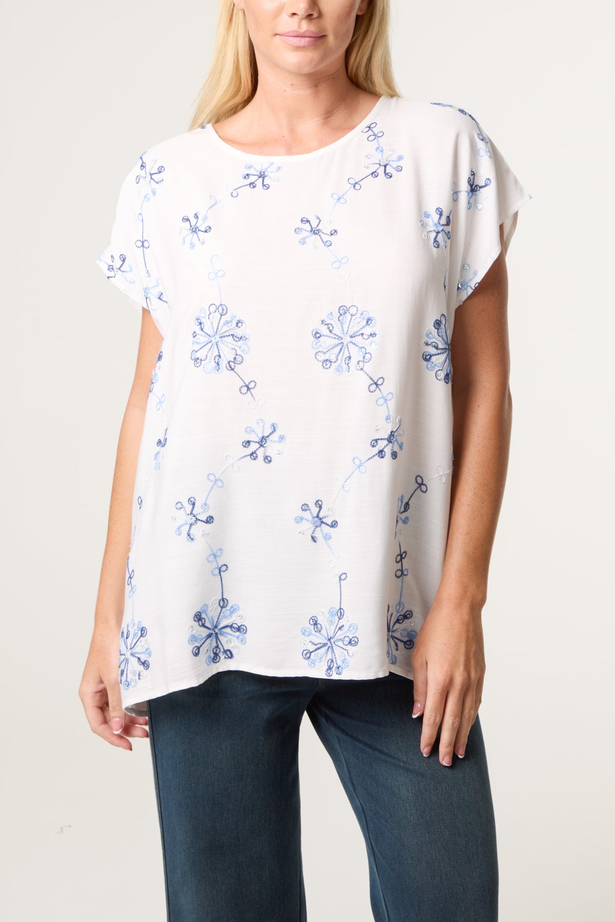 Floral Embroidery Round Neck Top