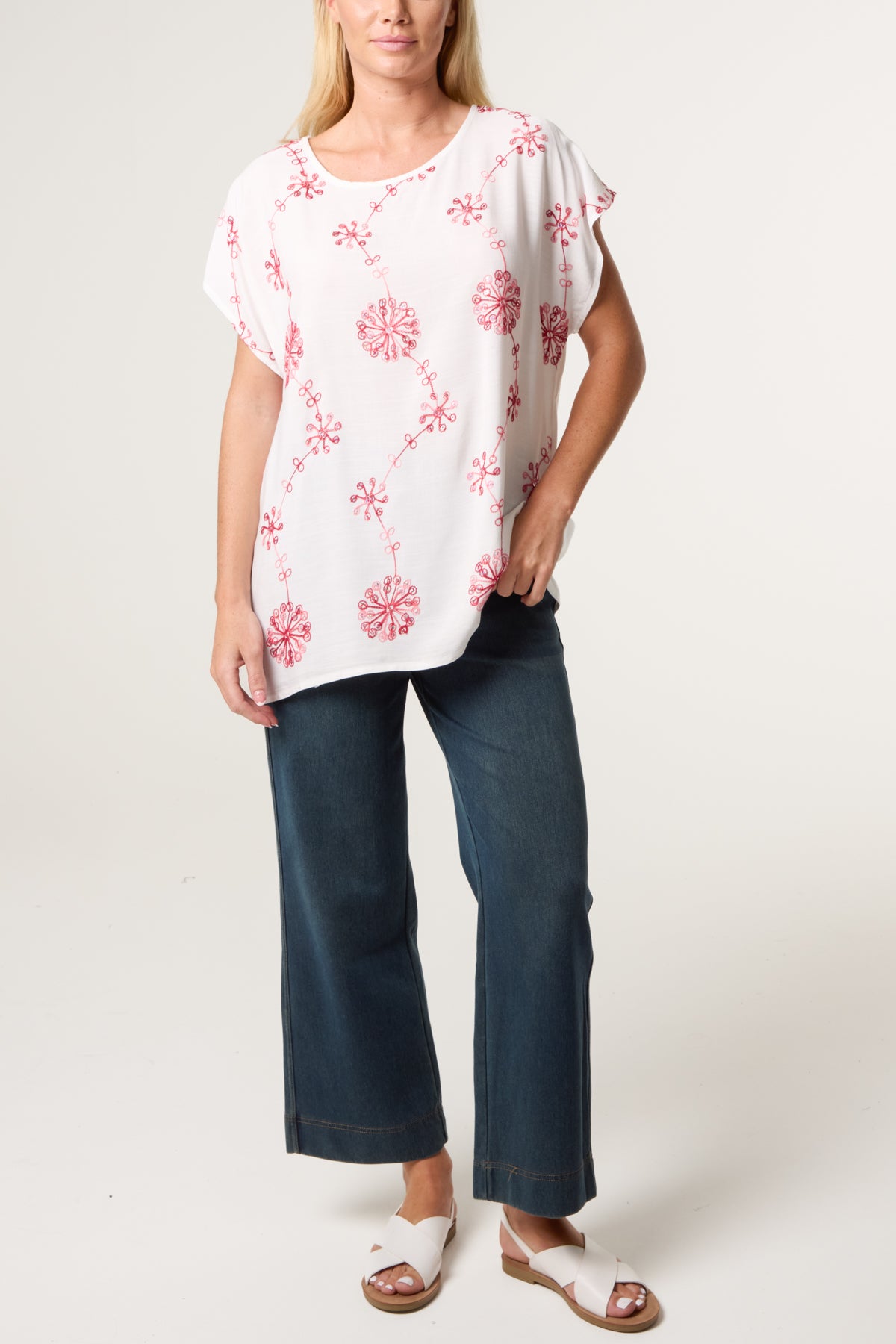Floral Embroidery Round Neck Top