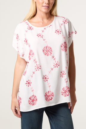 Floral Embroidery Round Neck Top