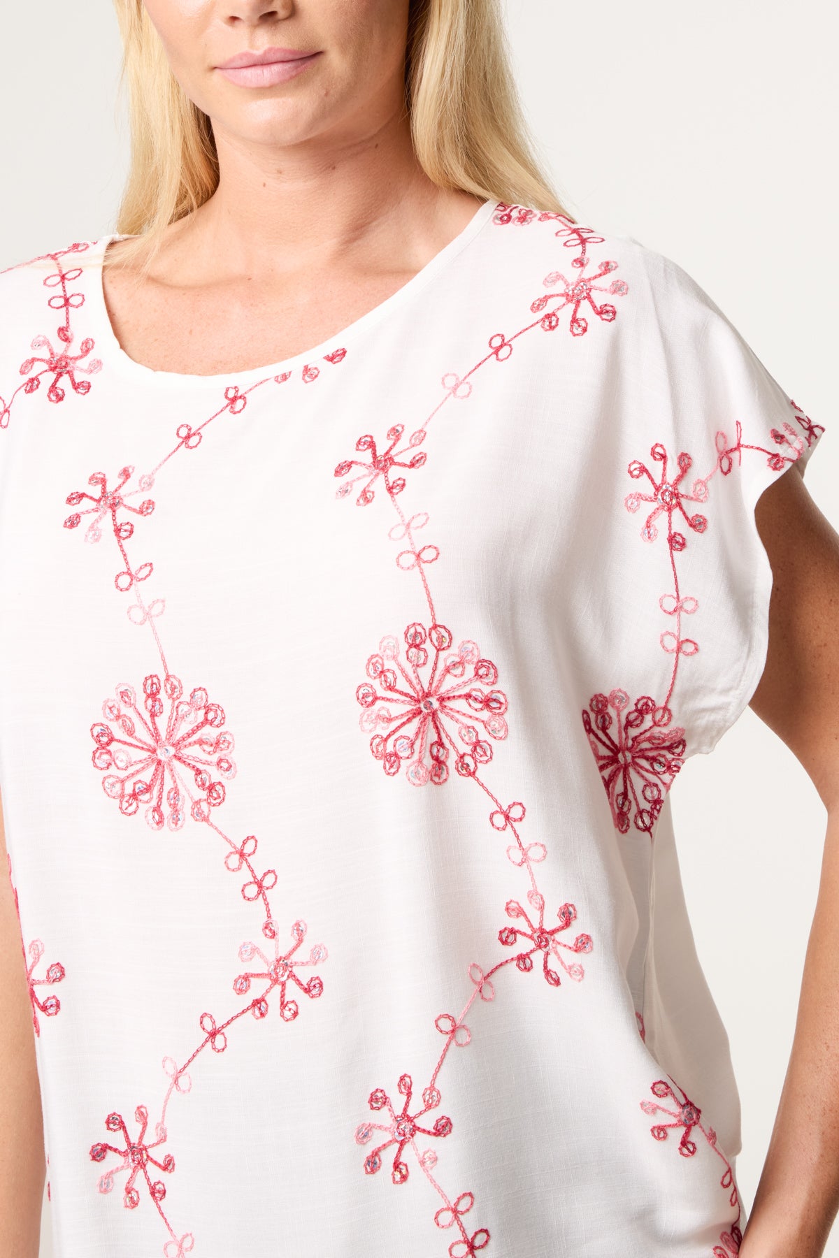 Floral Embroidery Round Neck Top