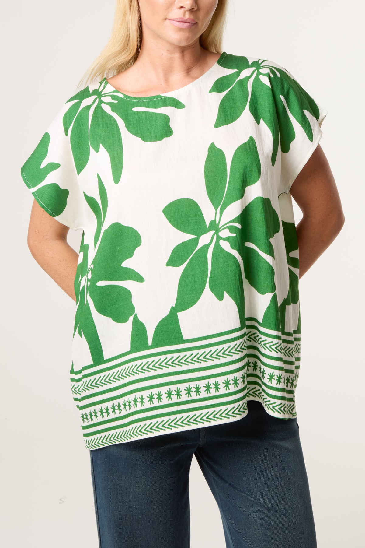 Abstract Leaf & Border Print Top