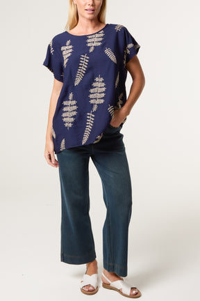Embroidered Leaf Round Neck Top