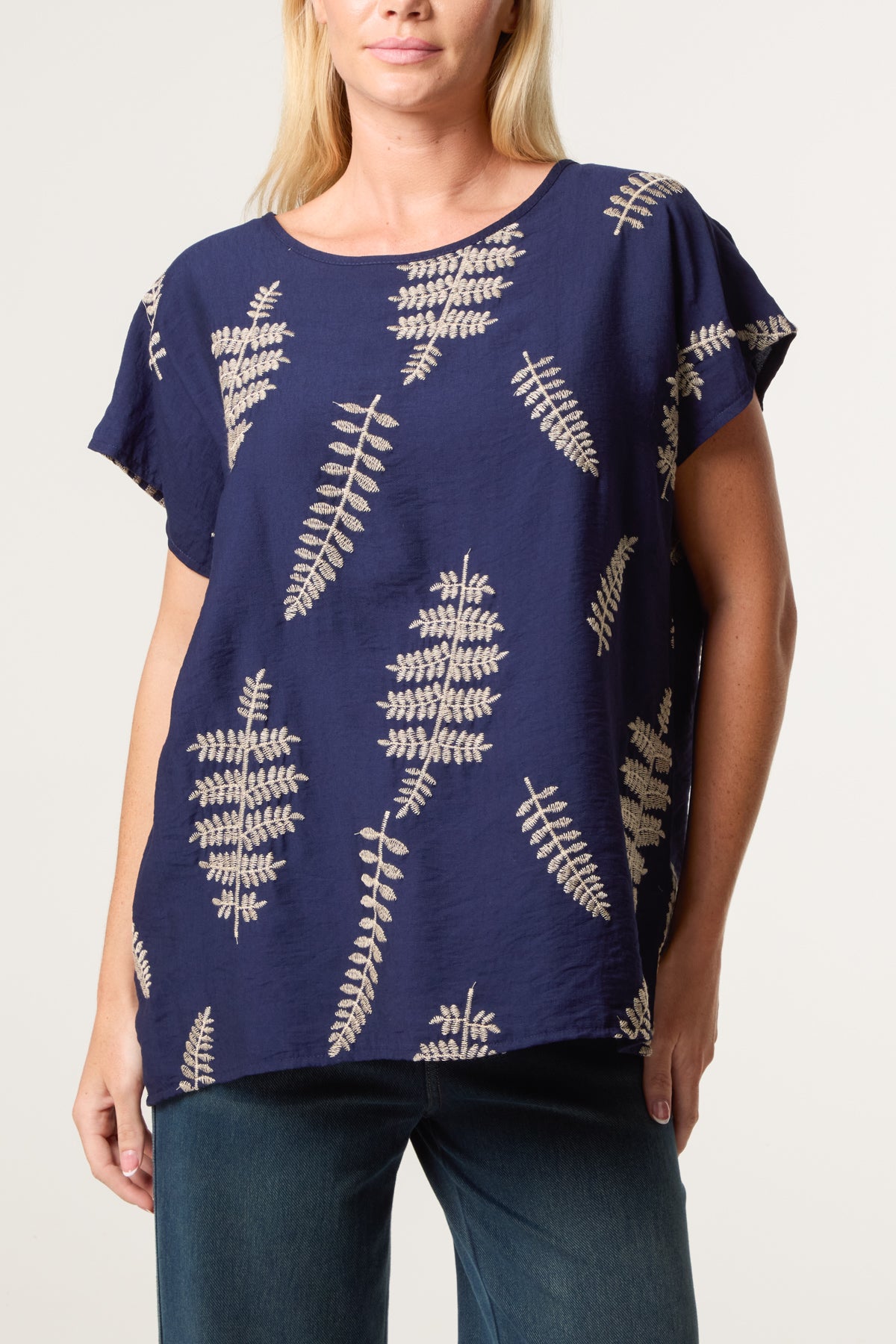 Embroidered Leaf Round Neck Top